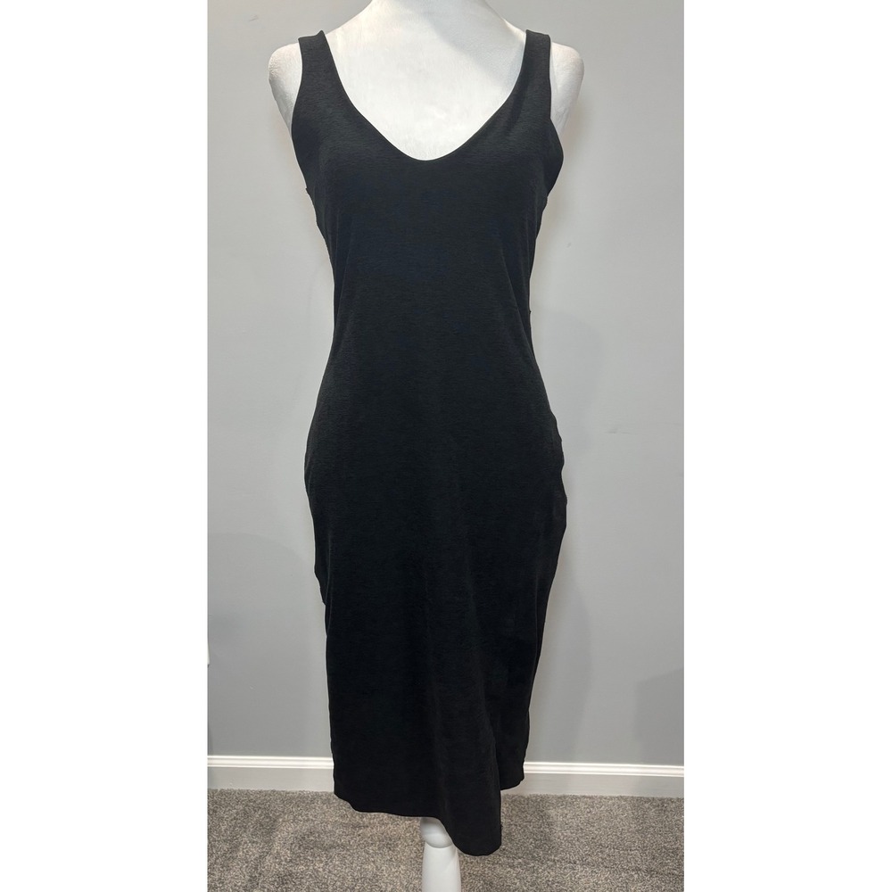 Beyond Yoga Spacedye Inspire Midi Dress S Black V Neck Tank Side Slit Bodycon